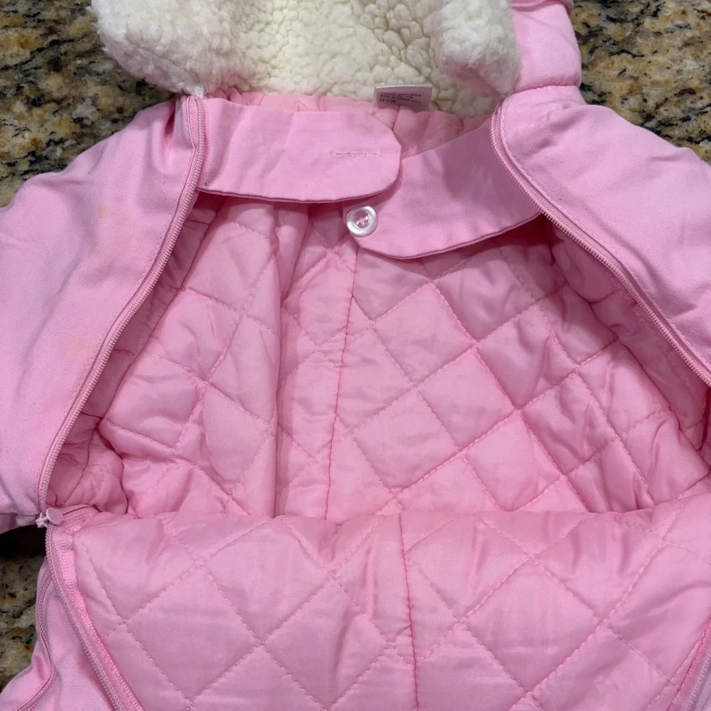 Vintage Pink Toddler Snowsuit 18M Cat Applique Faux Shearling Hood Quilted